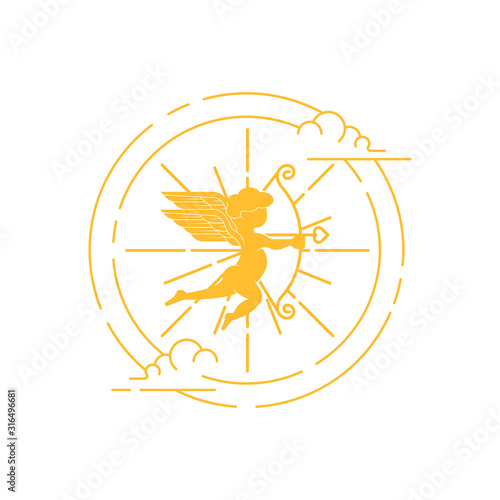 Cupid logo icon vector template illustration. Flying Cupid holding bow and aiming or shooting arrow with Cupid line art on white background. Cupid silhouette vector illustration