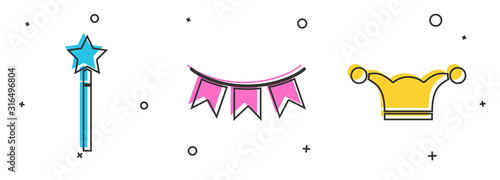Set Magic wand, Carnival garland with flags and Jester hat with bells icon. Vector