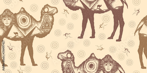Camel double exposure. Ancient Egypt, Pharaoh, Ankh, Pyramid. Seamless pattern. Packing old paper, scrapbooking style. Vintage background. Medieval manuscript, engraving art