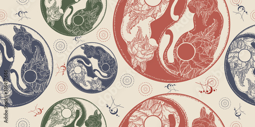 Cats yin and yang. Seamless pattern. Packing old paper, scrapbooking style. Vintage background. Medieval manuscript, engraving art. Mandala symbol harmony and balance