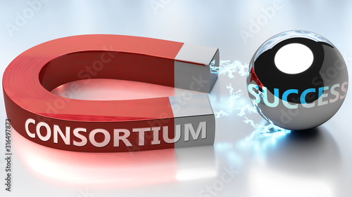 Consortium helps achieving success - pictured as word Consortium and a magnet, to symbolize that Consortium attracts success in life and business, 3d illustration photo
