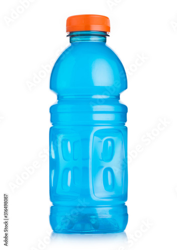 Plastic bottle of blue energy drink on white background. Perfect for workout and all athletics.