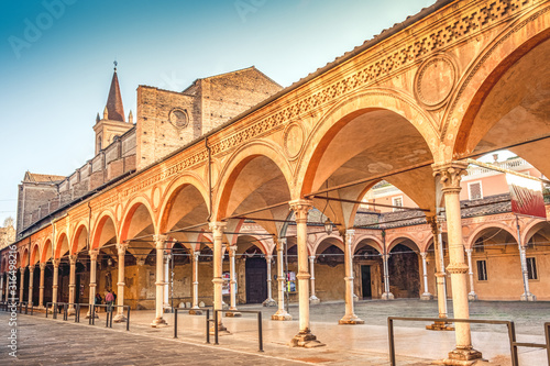 Bologna local landmark of Emilia Romagna region of Italy - Santa Maria dei Servi or Santa Lucia church and archway or Portico