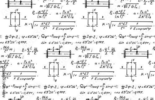 Physics seamless pattern with the equations, figures, schemes, plots and other calculations on whiteboard. Handwritten vector Illustration.
