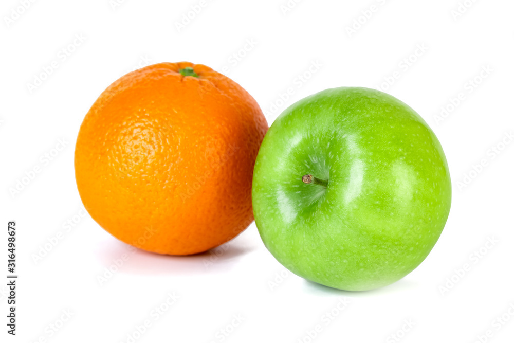 Green apple and orange isolated on white background Green apple and orange isolated on white background