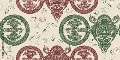 Viking. Seamless pattern. Packing old paper, scrapbooking style. Vintage background. Medieval manuscript, engraving art. Axe, dragons. Scandinavian mythology