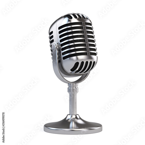 Retro steel concert vocal microphone with stand isolated on white Background. Webinar or Karaoke concept. 3d rendering icon of microphone. photo