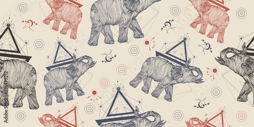 Elephants seamless pattern. Packing old paper, scrapbooking style. Vintage background. Medieval manuscript, engraving art. Symbol of meditation, tourism