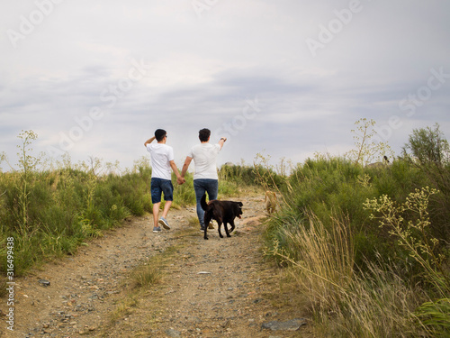 Young homosexual couple walking by the hand with two dogs © Ladanifer