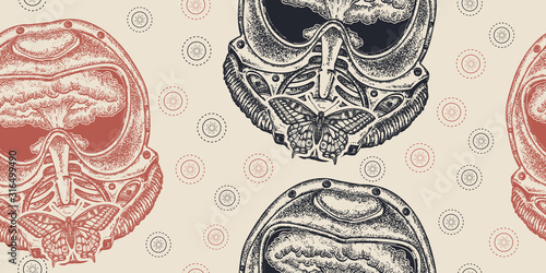 Gas mask and nuclear explosion. Seamless pattern. Packing old paper, scrapbooking style. Vintage background. Medieval manuscript, engraving art. Concept of war and peace, end of the world