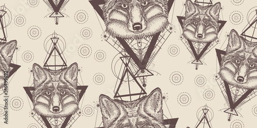 Fox seamless pattern. Packing old paper, scrapbooking style. Vintage background. Medieval manuscript, engraving art