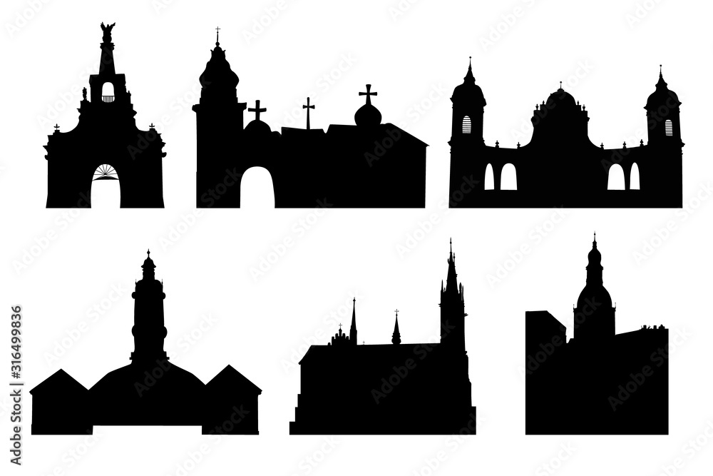 Set illustration of a Churches silhouettes isolated on white background. Medieval church palaces, temples, cathedrals, edifices, cathedral, ancient buildings sign and symbol collection. Stock vector Set illustration of a Churches silhouettes isolated on white background. Medieval church palaces, temples, cathedrals, edifices, cathedral, ancient buildings sign and symbol collection. Stock vector