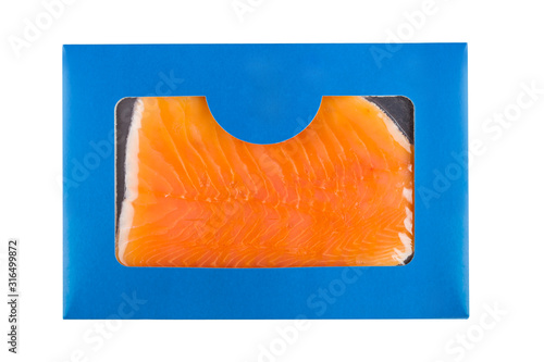 Tableau sur toile Blue carton pack of fresh salmon in slices on white background.