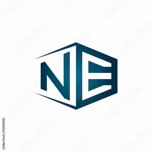 NE monogram logo with hexagon shape and negative space style ribbon design template