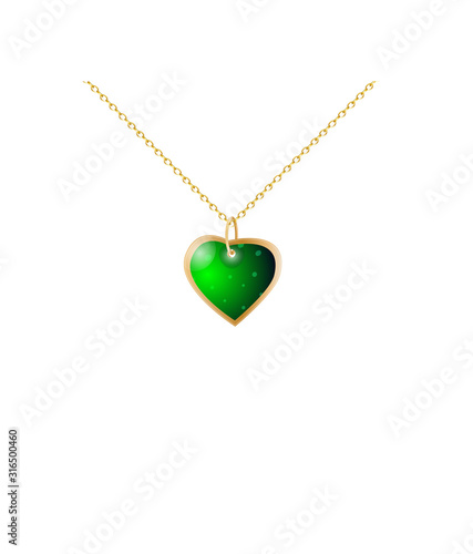 Green heart pendant. Golden chain. Valentines gift