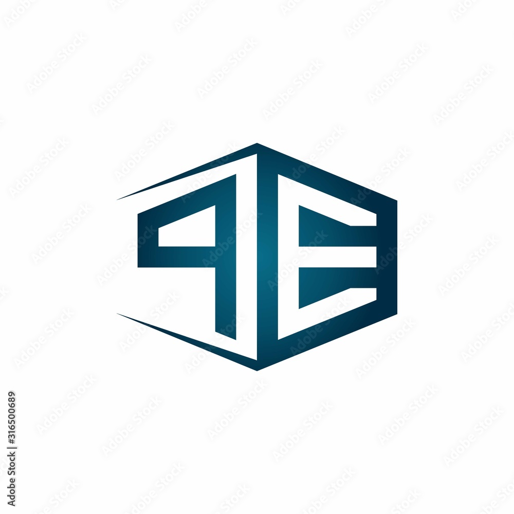 PE monogram logo with hexagon shape and negative space style ribbon design template PE monogram logo with hexagon shape and negative space style ribbon design template