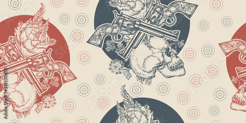 Skull, crossed guns and roses flowers. Seamless pattern. Packing old paper, scrapbooking style. Vintage background. Medieval manuscript, engraving art.  Symbol of the wild west, robber, crime
