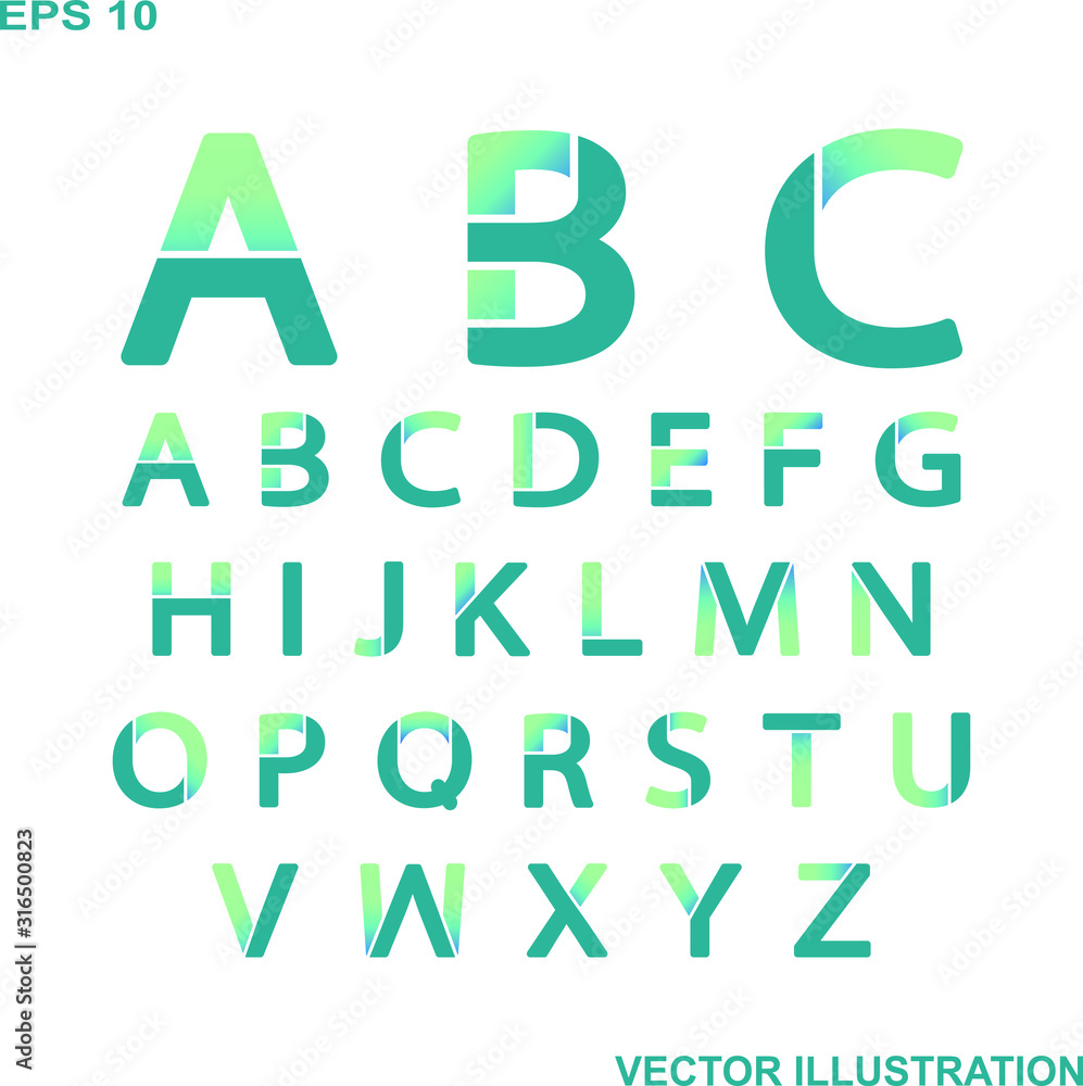 Alphabet font.Gradient from blue to light blue.Vector Illustration.White isolated background.