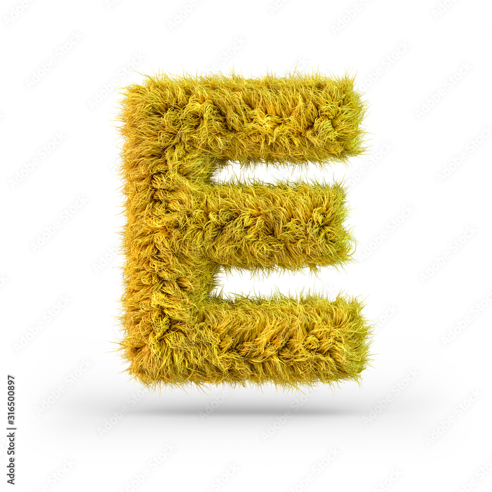 Capital letter E. Uppercase. Yellow fluffy and furry font. 3D