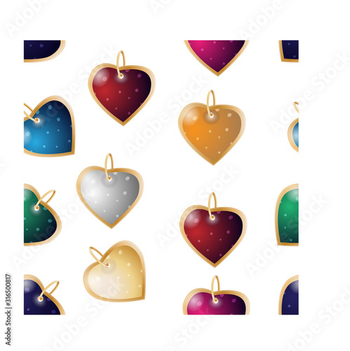 Valentines seamless background. Colorful heart pendants on a white background