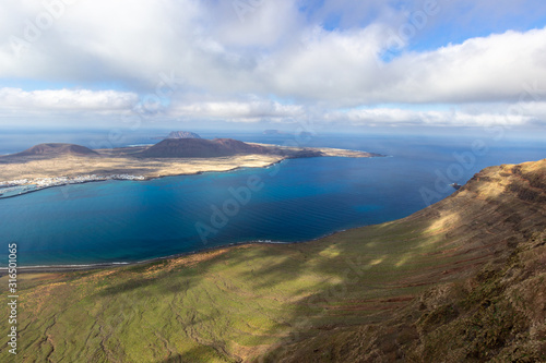 Panoramic view from viewpoint Mirador del Rio at the north of canary island Lanzarote