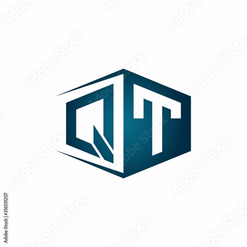 QT monogram logo with hexagon shape and negative space style ribbon design template