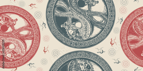 Two dragons. Seamless pattern. Packing old paper, scrapbooking style. Vintage background. Medieval manuscript, engraving art. Meditation, philosophy, harmony symbol