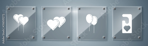 Set Please do not disturb with heart, Balloons with ribbon, Two Linked Hearts and Balloons in form of heart with ribbon. Square glass panels. Vector