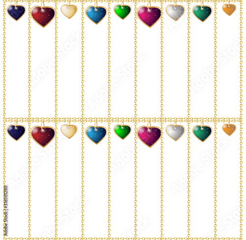 Valentines seamless background. Colorful heart pendants. Chain cages