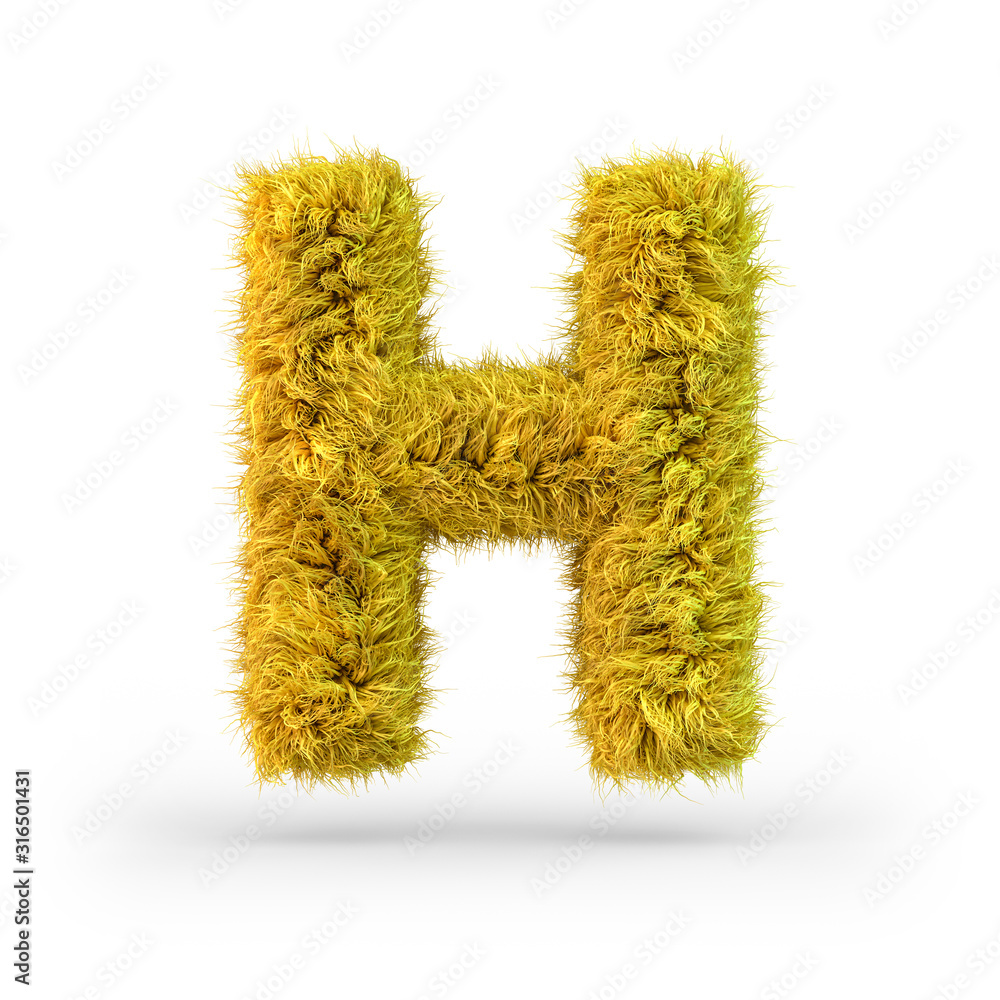 Capital letter H. Uppercase. Yellow fluffy and furry font. 3D Capital letter H. Uppercase. Yellow fluffy and furry font. 3D