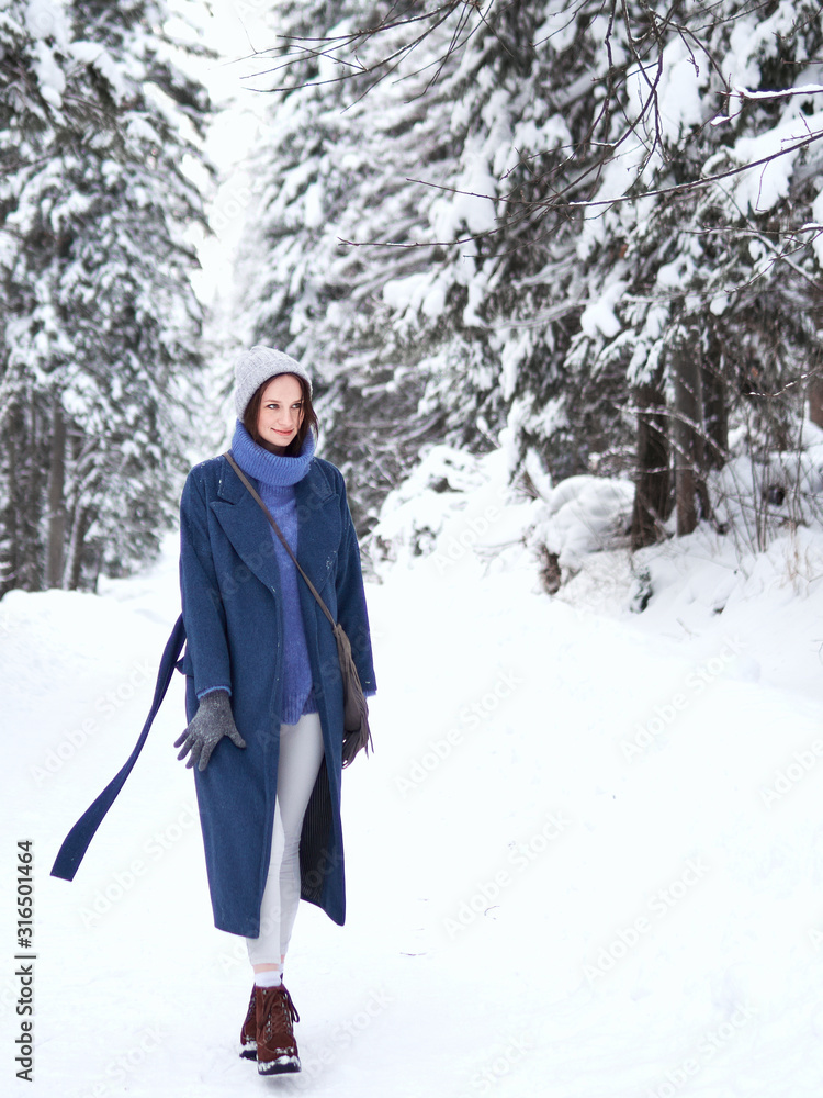 brunette walks through the winter forest in a gray hat, blue sweater and blue coat. brunette walks through the winter forest in a gray hat, blue sweater and blue coat.