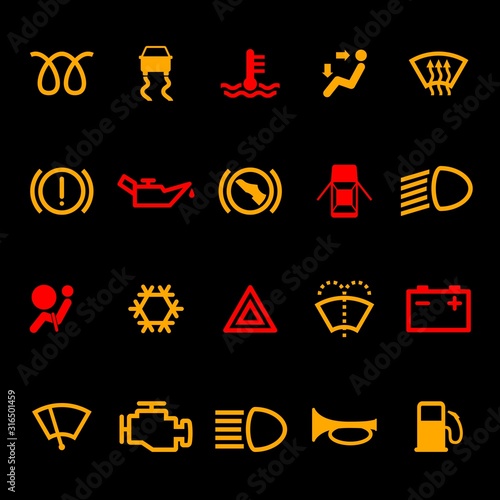 Car dashboard icons set isolated on black background. Icon pack car information pictograms. Vector illustration