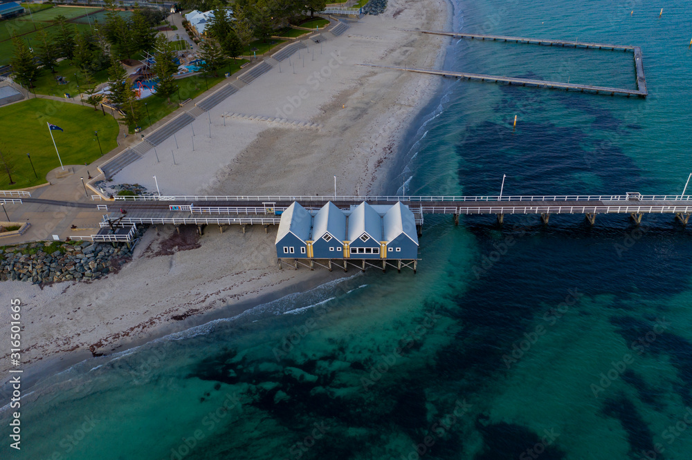 Aerial view of the huts at the start of the Busselton Jetty at dawn; Busselton is located 220 km spouth west of Perth in Western Australia