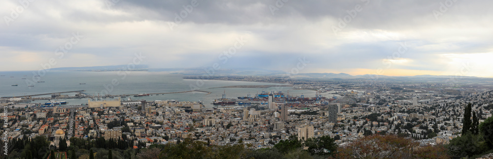 Panoramic view of the city of Haifa, Israel. The downtown area and the port of Haifa.