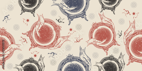 Fortune teller. Magic crystal ball in their hands seamless pattern. Packing old paper, scrapbooking style. Vintage background. Medieval manuscript, engraving art. Mystic and magic symbol