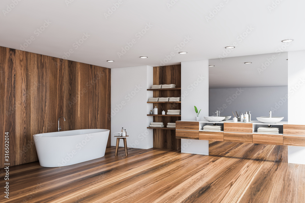 White and dark wood bathroom corner, tub and sink White and dark wood bathroom corner, tub and sink