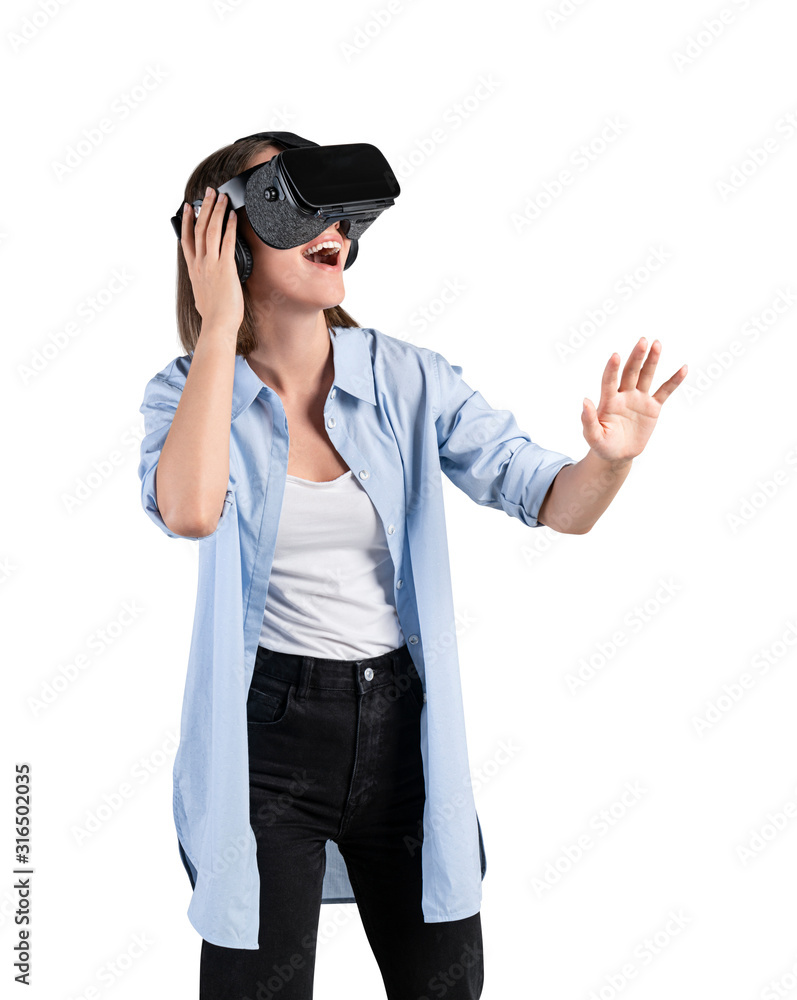 Happy casual girl gesturing in VR glasses Happy casual girl gesturing in VR glasses