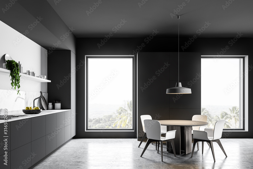 Fototapeta premium Gray kitchen interior with cupboard and table