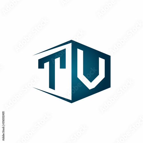 TV monogram logo with hexagon shape and negative space style ribbon design template