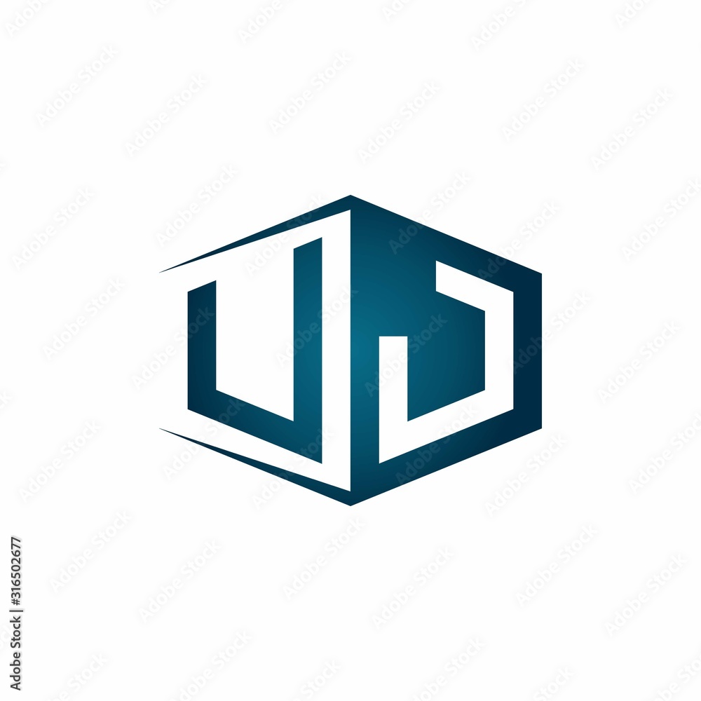 UJ monogram logo with hexagon shape and negative space style ribbon design template UJ monogram logo with hexagon shape and negative space style ribbon design template