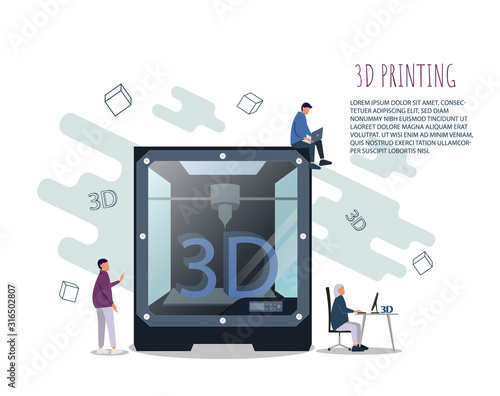 3D Printing Technology Concept. 3D Printer Equipment with Flat People, Characters and Computer. Prototyping Industry. Vector illustration