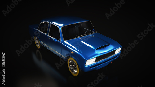 Outdated car model in blue on a black background.