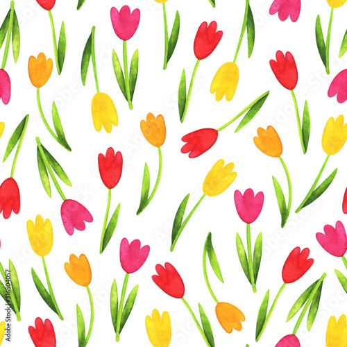 Watercolor tulips. Spring multi-colored pattern with scattered flowers. Seamless background for a cheerful design  perfect for international women s day  March 8  gift wrapping  fabric  textiles