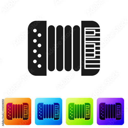 Black Musical instrument accordion icon isolated on white background. Classical bayan, harmonic. Set icons in color square buttons. Vector Illustration