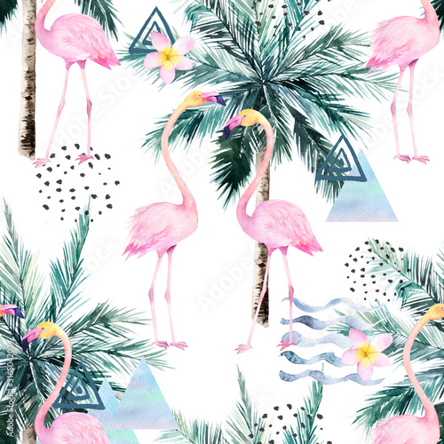 Abstract tropical pattern with flamingo and palm tree. Watercolor seamless pr...