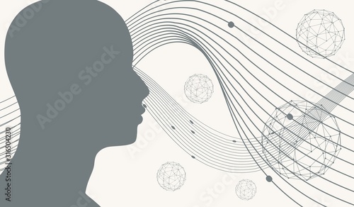 Profile of the head of a man. Mental health relative design template. Scientific medical designs. Connected lines with dots.