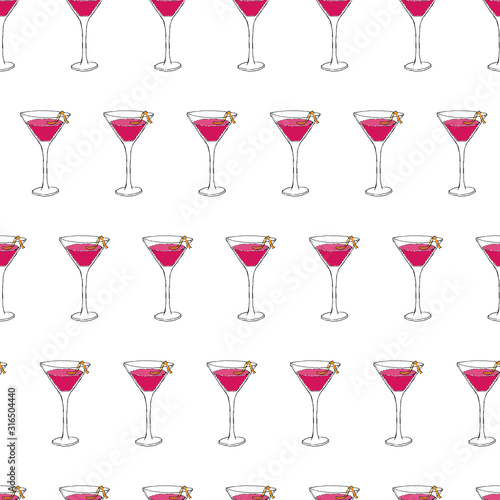 Cosmopolitan Cocktail seamless pattern. Hand drawing sketch outlines on pink background can be printed on textile, wallpaper, wrapping paper, greeting cards, used in logo, banner, landing page. Vector