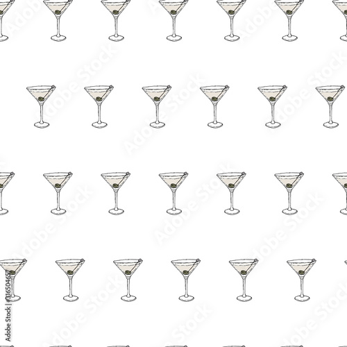 Martini dry Cocktail seamless pattern. Hand drawing sketch outlines on white background can be printed on textile, wallpaper, wrapping paper, greeting cards, used in logo, banner, landing page. Vector