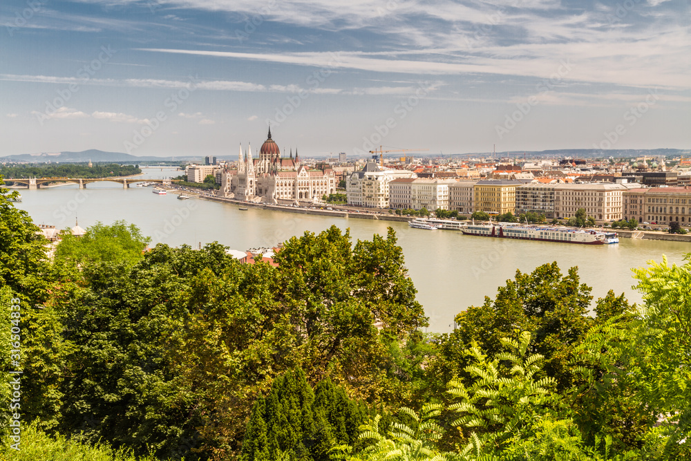 River Danube in Budapest Hungary, parliament building and trees.