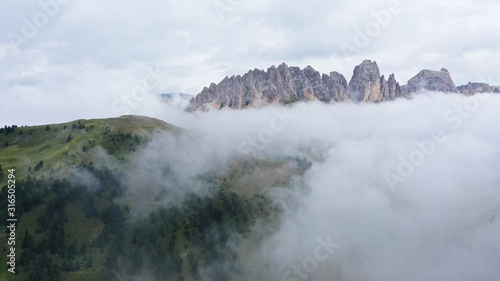 Aerial view of pine spruce forest on green meadow with low clouds and fog. Mountain range, Dolomites, South Tyrol, Italy.